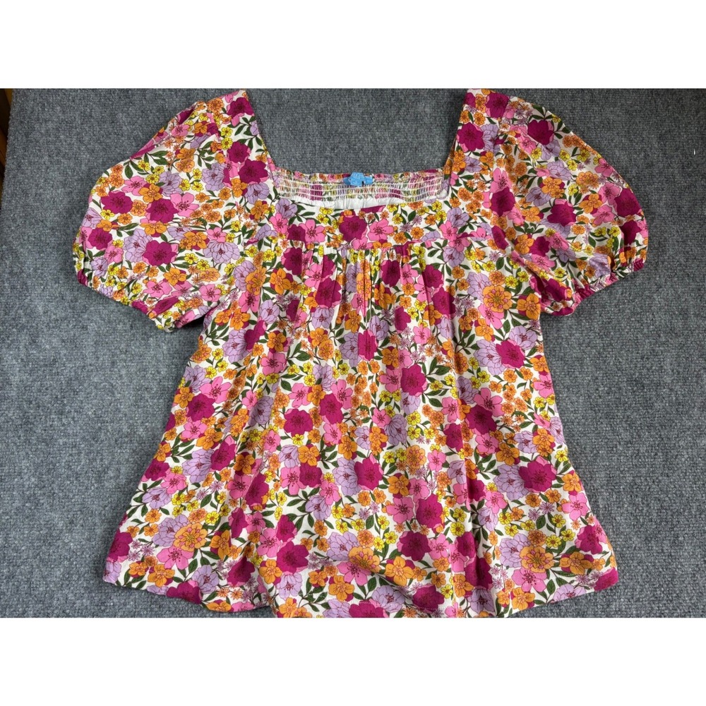 Draper James RSVP Floral Puff Sleeve Blouse Pink Orange Square Neck L KD2103PLL